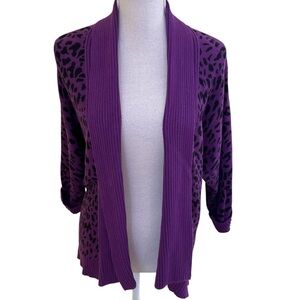 Chico's Purple/Black Cotton Leopard Print Open Front Cardigan 0(XS)